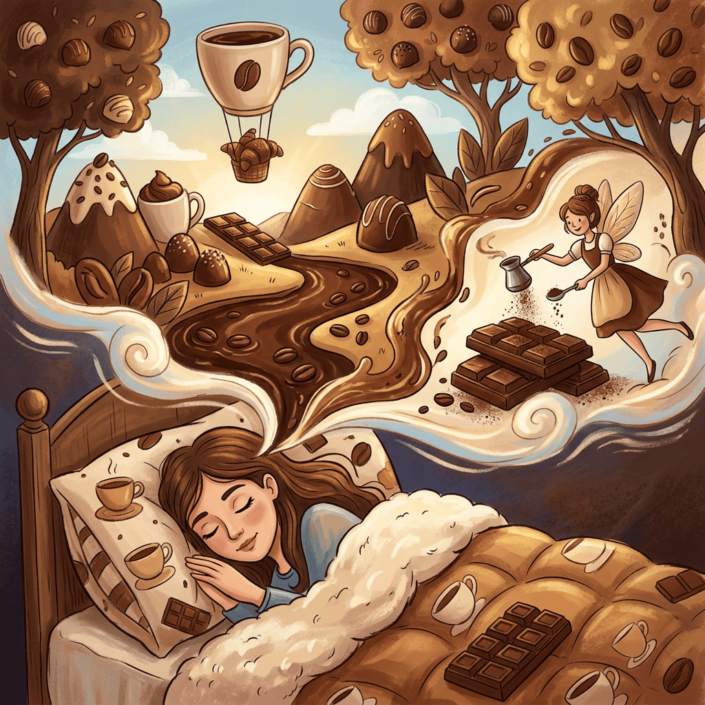 A girl asleep in bed dreaming of chocolate bars, coffee cups, chocolate rivers, and a fairy sprinkling cocoa powder.